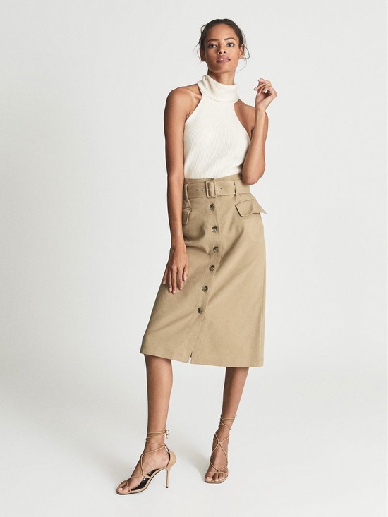 Reiss Dresses & Skirts - Reiss Carrie Belted Midi Skirt US 4 Camel Tan Button Front Utility Pencil